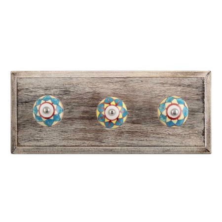 Turquoise and Yellow Ceramic Wooden Hooks